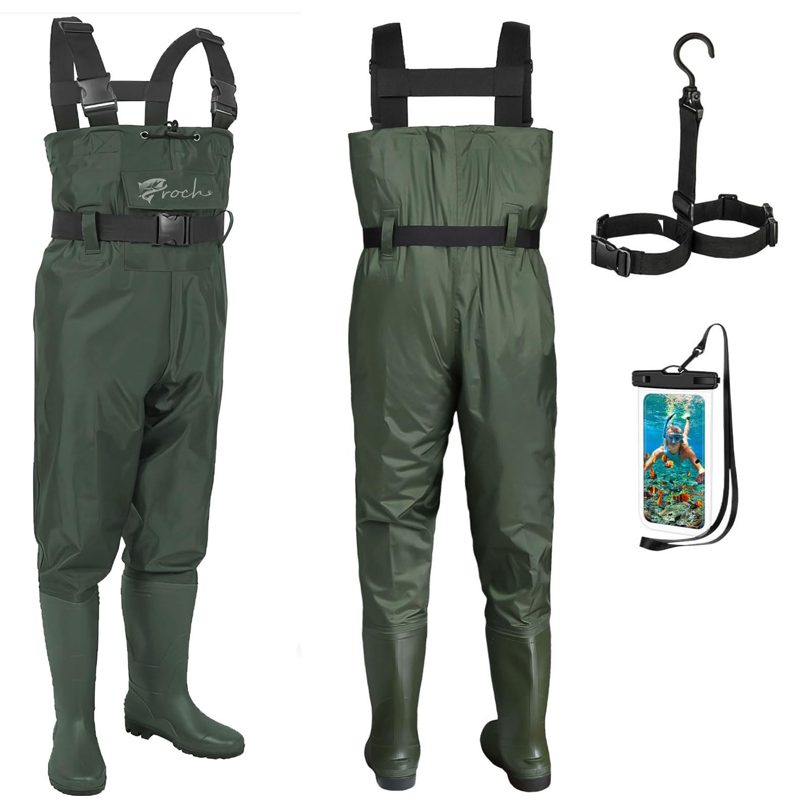 Croch Waders pesca Stivali da pesca per uomo e donna, impermeabili, in PVC e nylon con gomma, taglia 46, ideali per la pesca, verde,