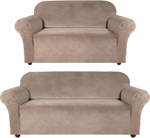 Turquoize Paquete de funda de terciopelo para sofá de dos plazas, de elastano, de alta elasticidad, color gris pardo