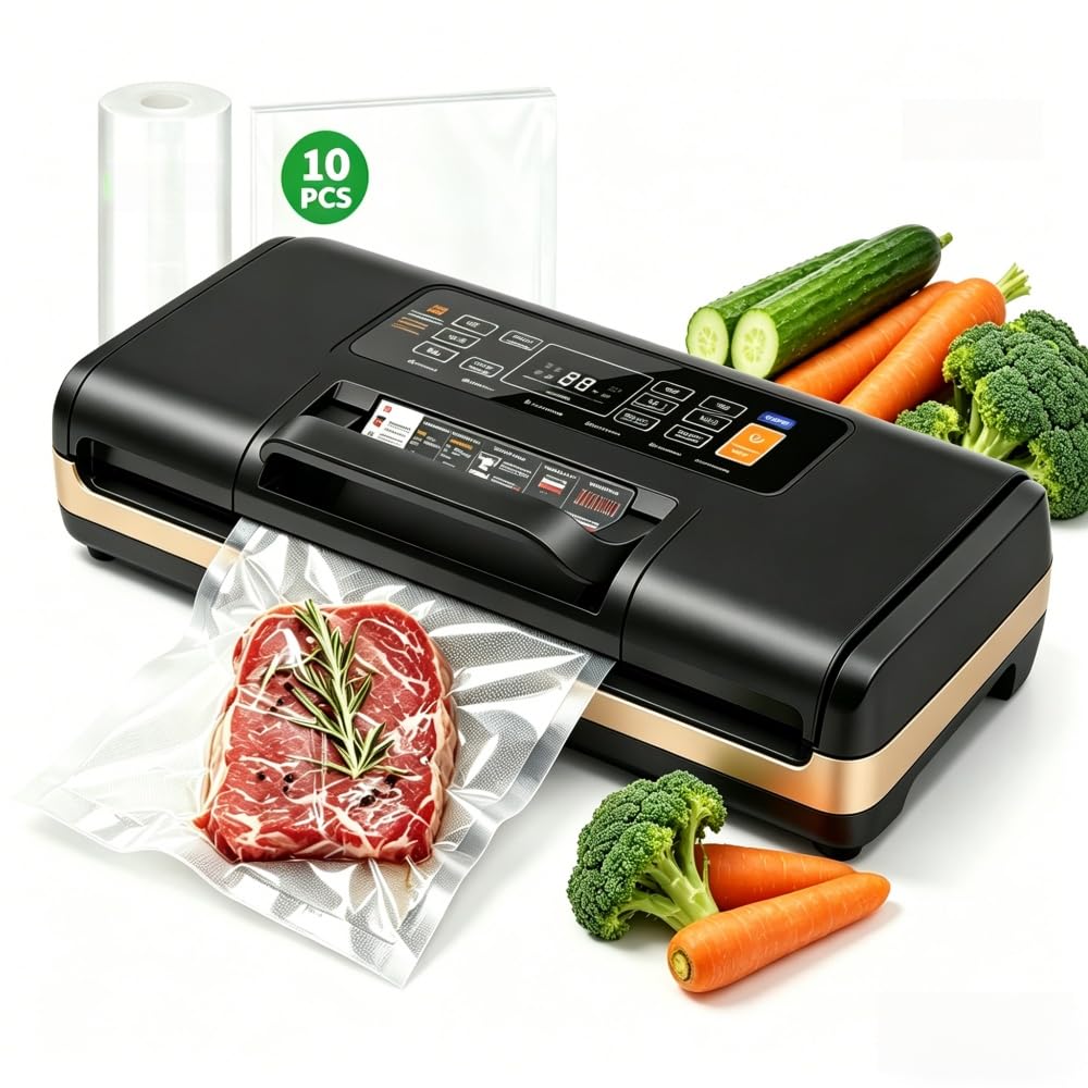 KinZon Machine Sous Vide Alimentaire Automatique, Appareil de Mise Sous Vide avec Affichage Numérique, Double Soudure, Coupeur Intégré, Modes Sec/Humide,10 Sacs Inclus