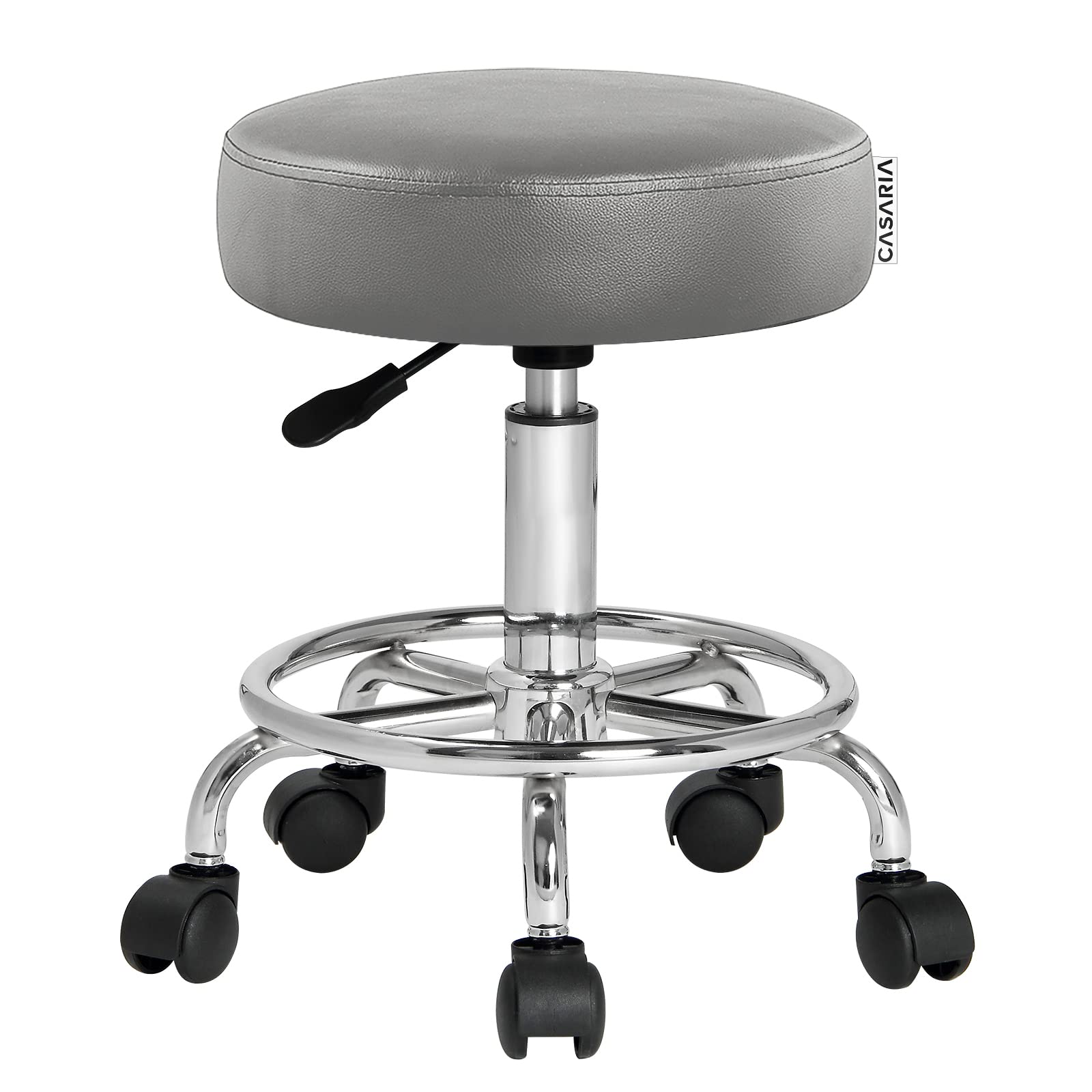 Casaria Tabouret à roulettes réglable en Hauteur 51-65 cm Rembourrage 10 cm pivotable 360° Repose-Pieds Tabouret de Bureau Gris