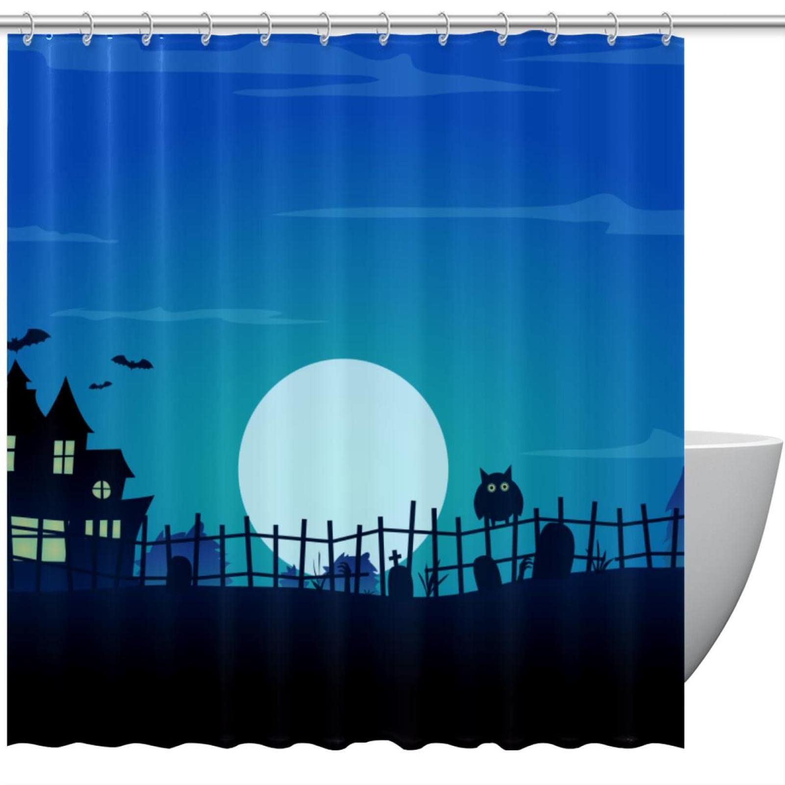 Rideau de douche Halloween bleu 168x183cm grand format imperméable pour baignoire et douche