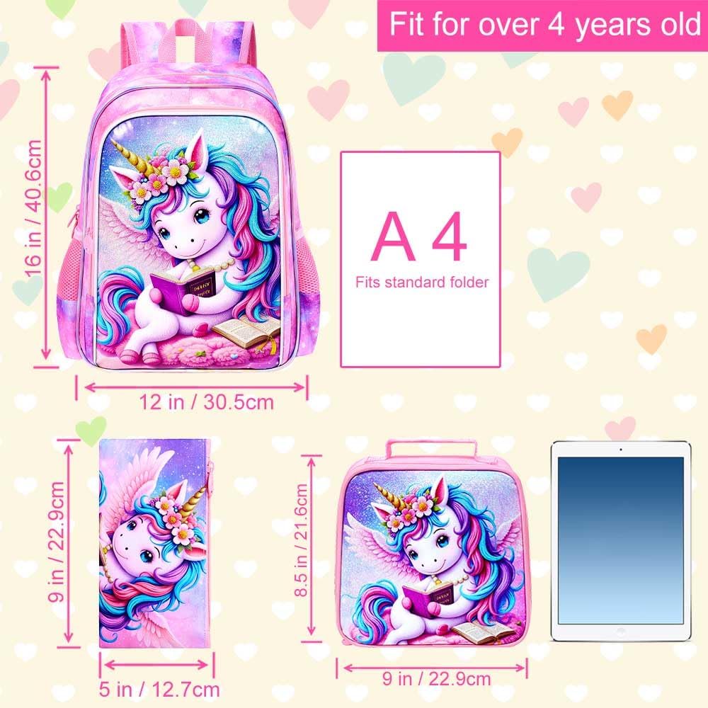 AGSDON 3PCS Read Unicorn Backpack for Girls, 16" Kids Backpacks for Girl Water Resistant Preschool, Elementary Bookbag with Lunch Box