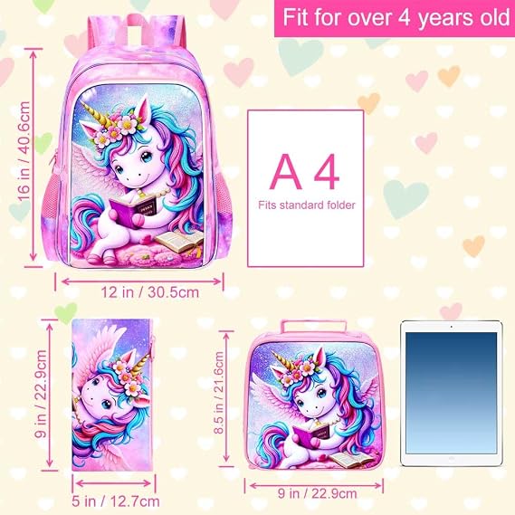 AGSDON 3PCS Read Unicorn Backpack for Girls, 16 Kids Backpacks for Girl Water Resistant Preschool, Elementary Bookbag with Lunch Box