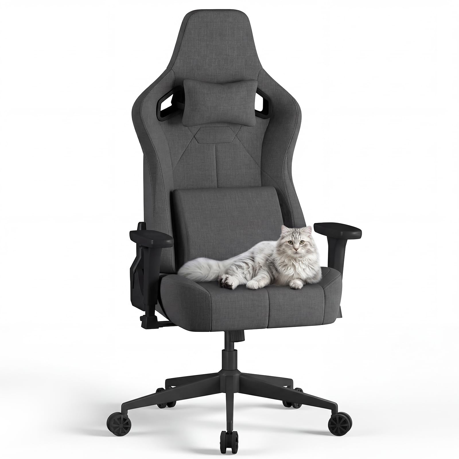 JUMMCIO Chaise de Gaming en Tissu avec siège de Course, Chaise de Bureau Confortable, Ergonomique, réglable en Hauteur 3D, Fonction inclinable (90 °-135 °), Charge maximale 200 kg, Gris