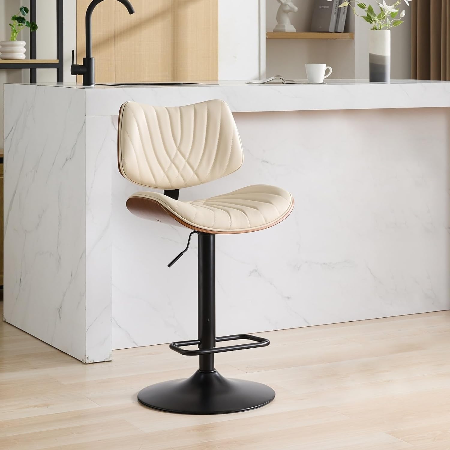 Modern Mid Century Adjustable Counter Height Leather Upholstered 360°Swivel Bar Chairs for Kitchen Island/Dining Room/Cafe, 1 Chair,for the Kitchen