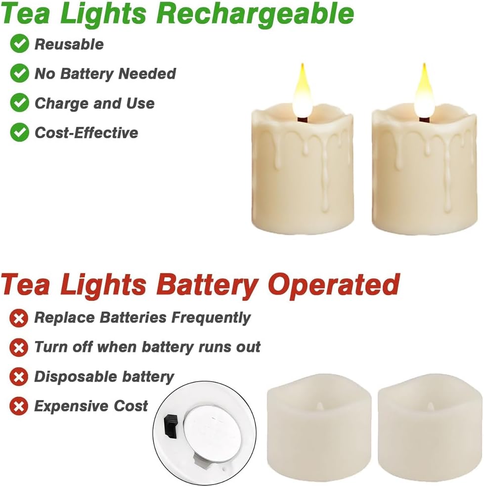 Rechargeable Tea Lights Flickering Timer Flameless Candles with Remote, 6pcs LED Tealight Votive Candles for Halloween Xmas Party Home Decor Wedding Table Centerpieces
