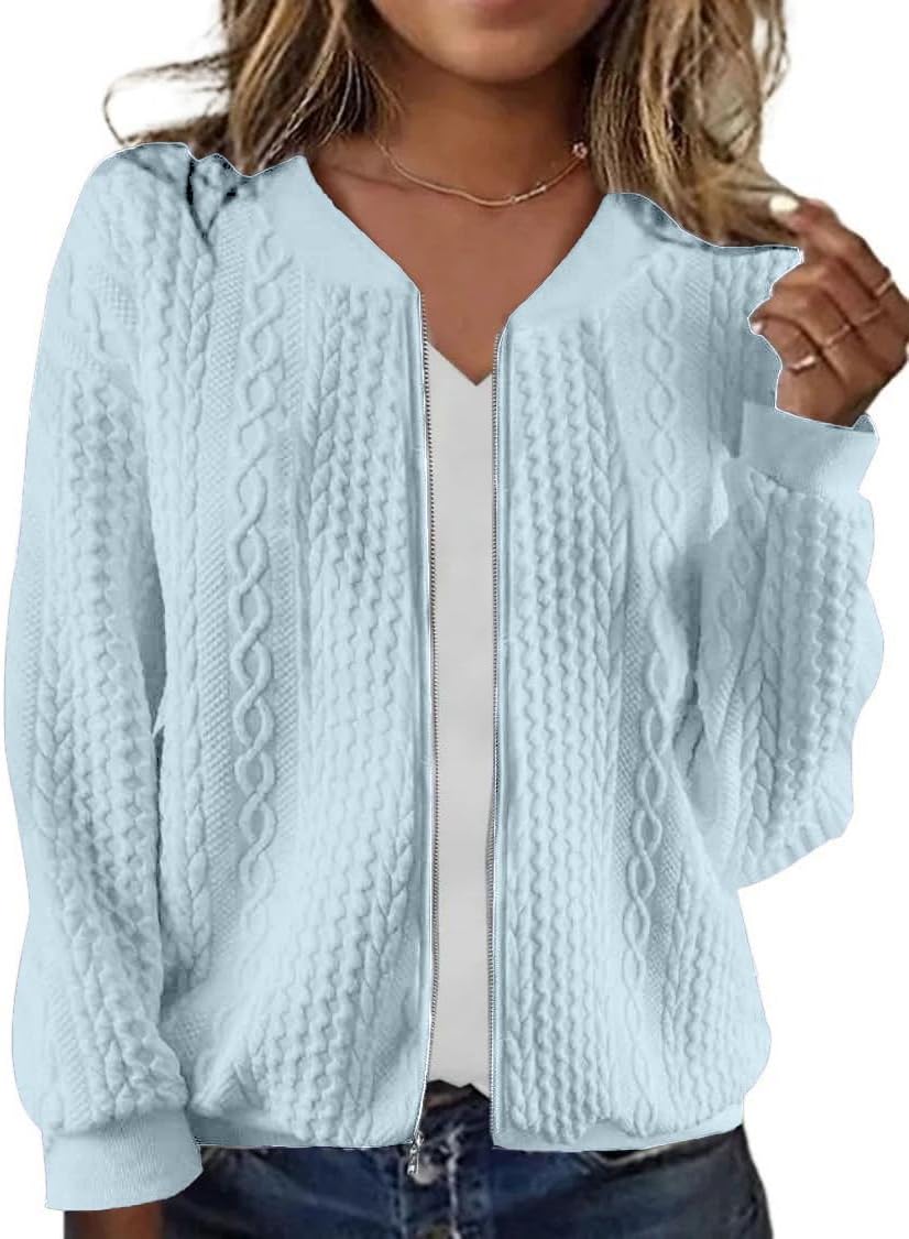Women's Zip Up Cardigan Sweater Cable Hoodies Long Sleeve Jacket Outfits Crewneck Casual Coat