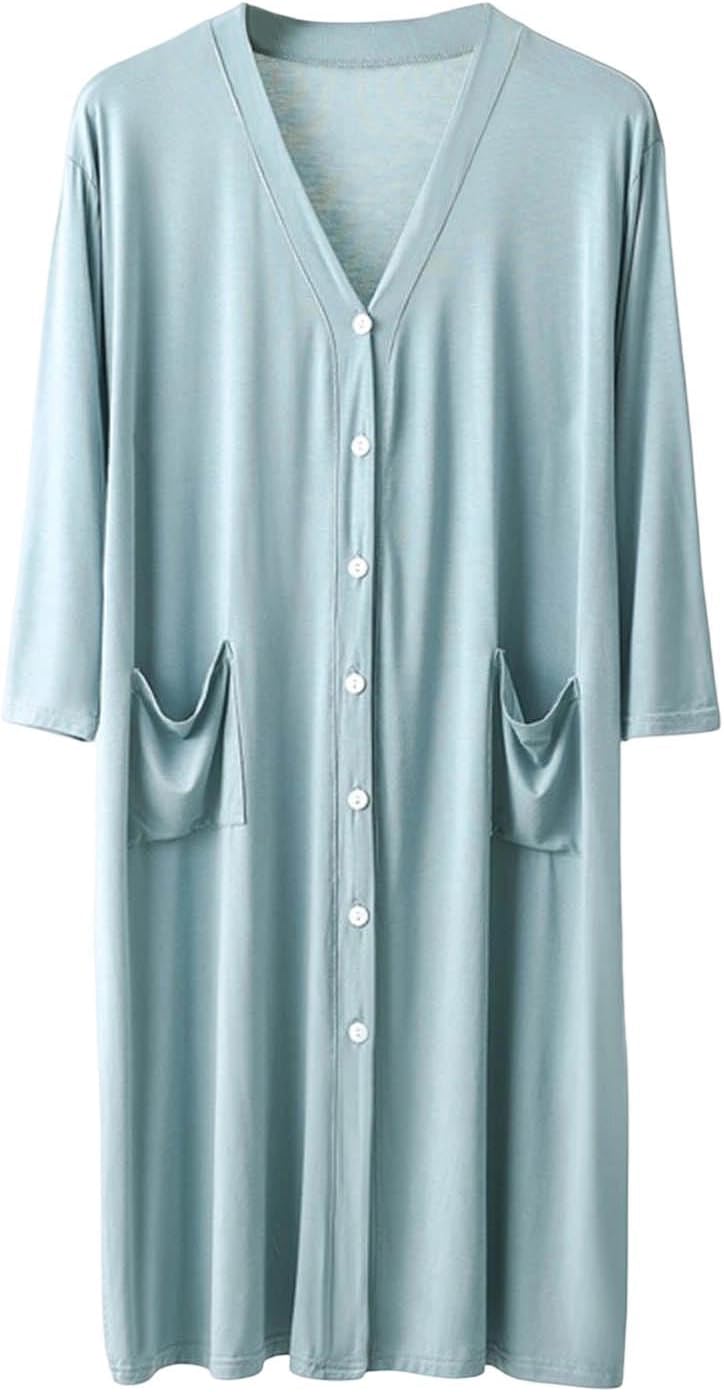 Unisex Button Down Modal Robe 3/4 Sleeve V-Neck Soft Solid Nightgown Lightweight Casual Lounge Bathrobe with Pocket