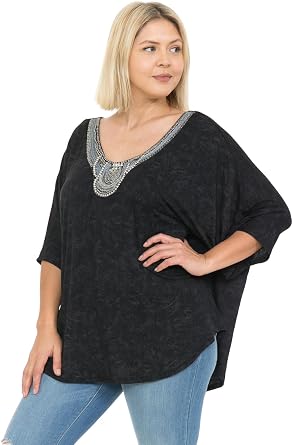 Plus Size Embellish Dolman Mid-length Sleeve Top 1X-5X