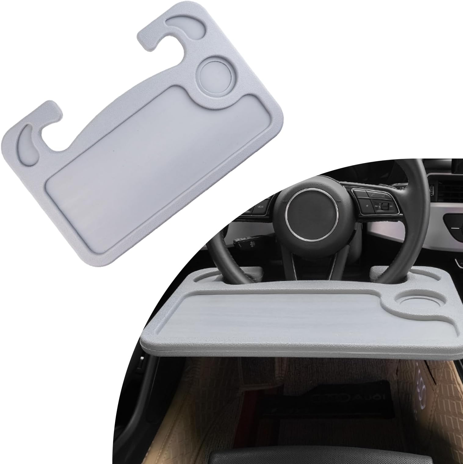 Car Steering Wheel Desk, Multipurpose Auto Steering Wheel Tray with Drink Holder, Steering Wheel Food Tray for Eating, Universal Vehicle Travel Accessories for Constant Travelers (Gray)