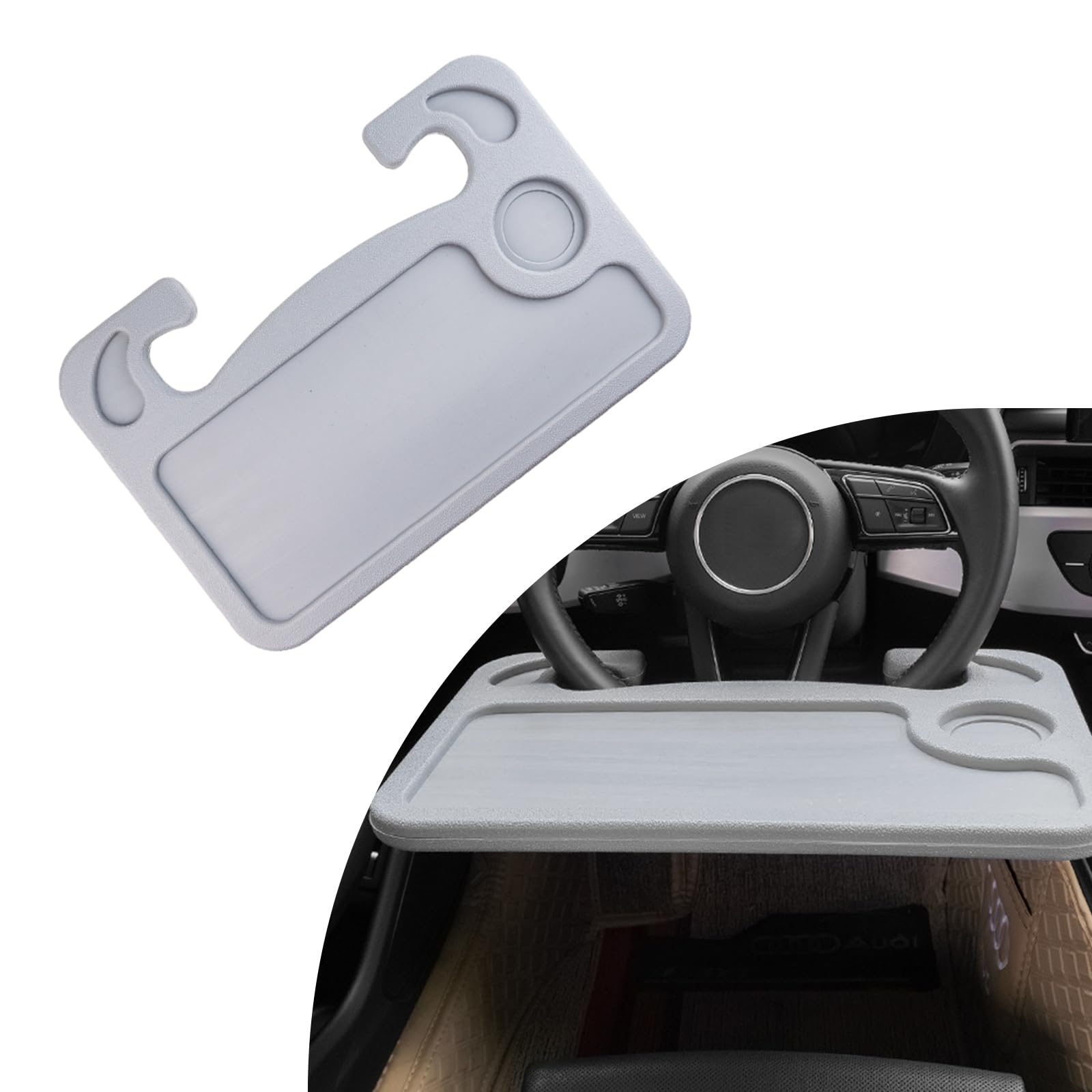 Car Steering Wheel Desk, Multipurpose Auto Steering Wheel Tray with Drink Holder, Steering Wheel Food Tray for Eating, Universal Vehicle Travel Accessories for Constant Travelers (Gray)
