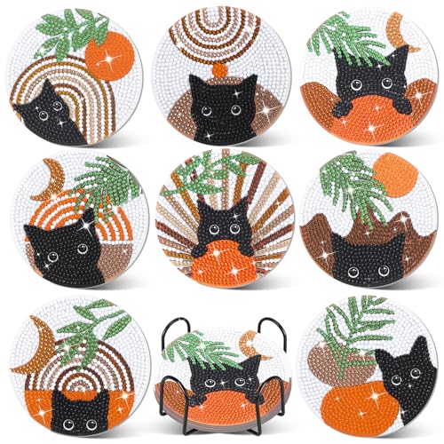 Ovveroche 8 Pcs Boho Diamond Art Painting Coasters Holder Black Cat
