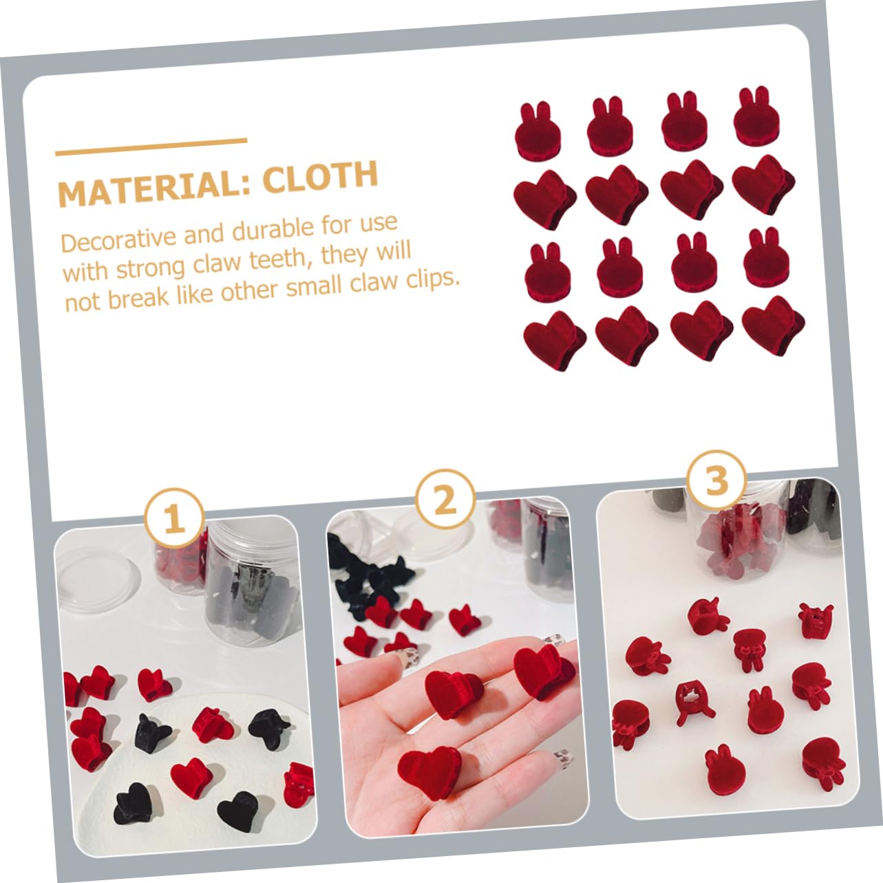 Healvian Pinces à Griffes Mini en Velours Rouge 16 Pièces, Petites Pinces à Cheveux de Cœur et Lapin, Accessoires pour Femmes, Coiffure Quotidienne et Routine Beauté