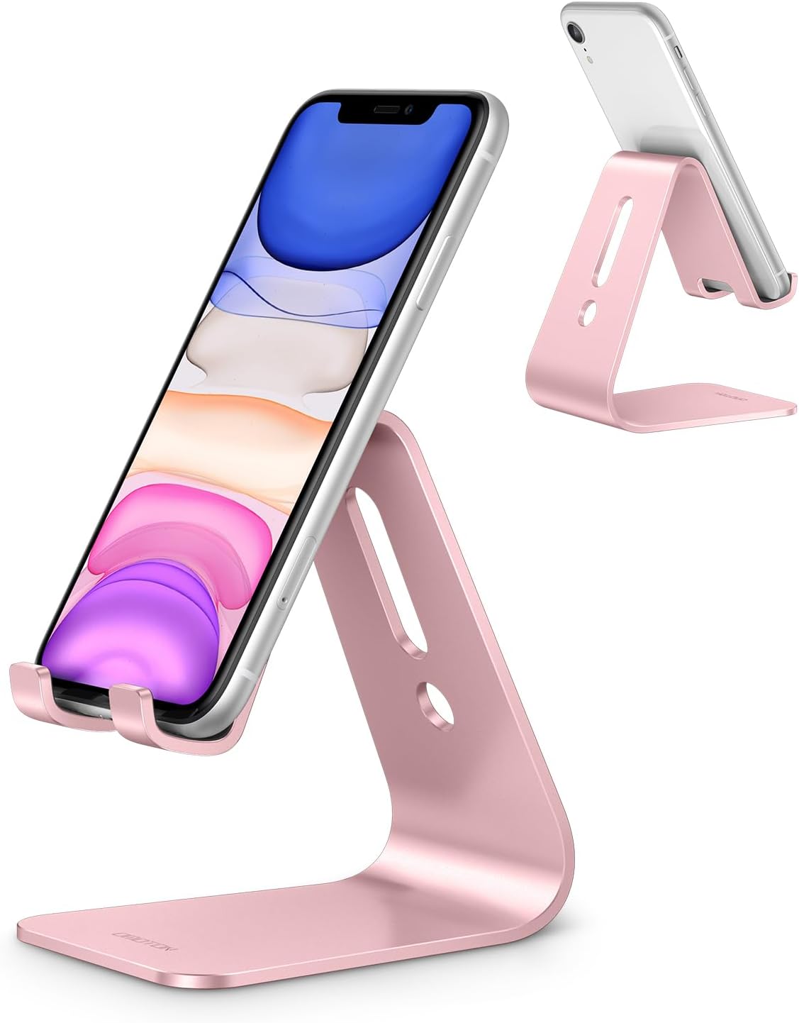 OMOTON Upgraded Aluminum Cell Phone Stand for Desk, C1 Durable Cellphone Dock with Protective Pads, Smart Stand Designed for iPhone17, 16/15/14/13 Pro Max Air, iPad mini, Android Phones,Rose Gold