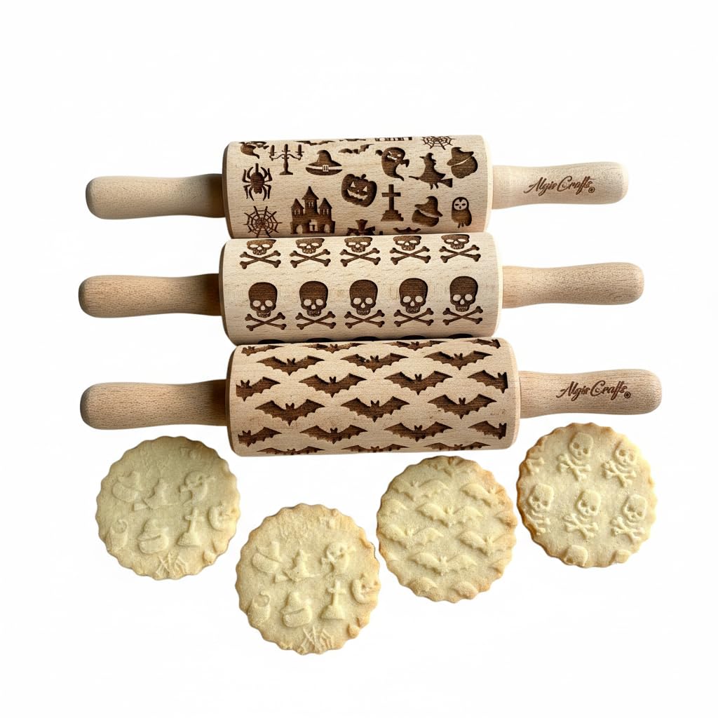 HALLOWEEN 3 Mini Rolling Pin SET. Moon, Owl, Spider, Ghost, Pumpkin, Witch, Cross, Skull, Bats crossbones. Mini Rolling Pins for cookies or pottery by Algis Crafts.