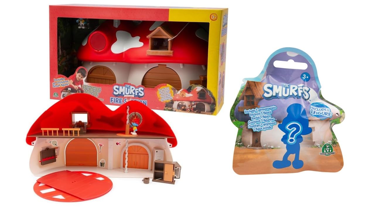 Giochi Preziosi THE SMURFS, Fire Station Playset Plus Mystery Figure with Mechanical and Electronic Functions, Includes Exclusive 2.25 Inch Smurf Figure and Additional Bonus Figurine