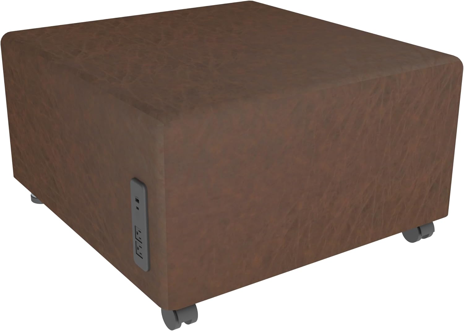 FDP Pro Series Rustic Square Mobile Seat with Tech Outlet, USB Charging Ottoman or Footstool Use Distressed Faux Leather, Hand Upholstered Commercial Furniture for Lobby, Office, Restaurant- Almond