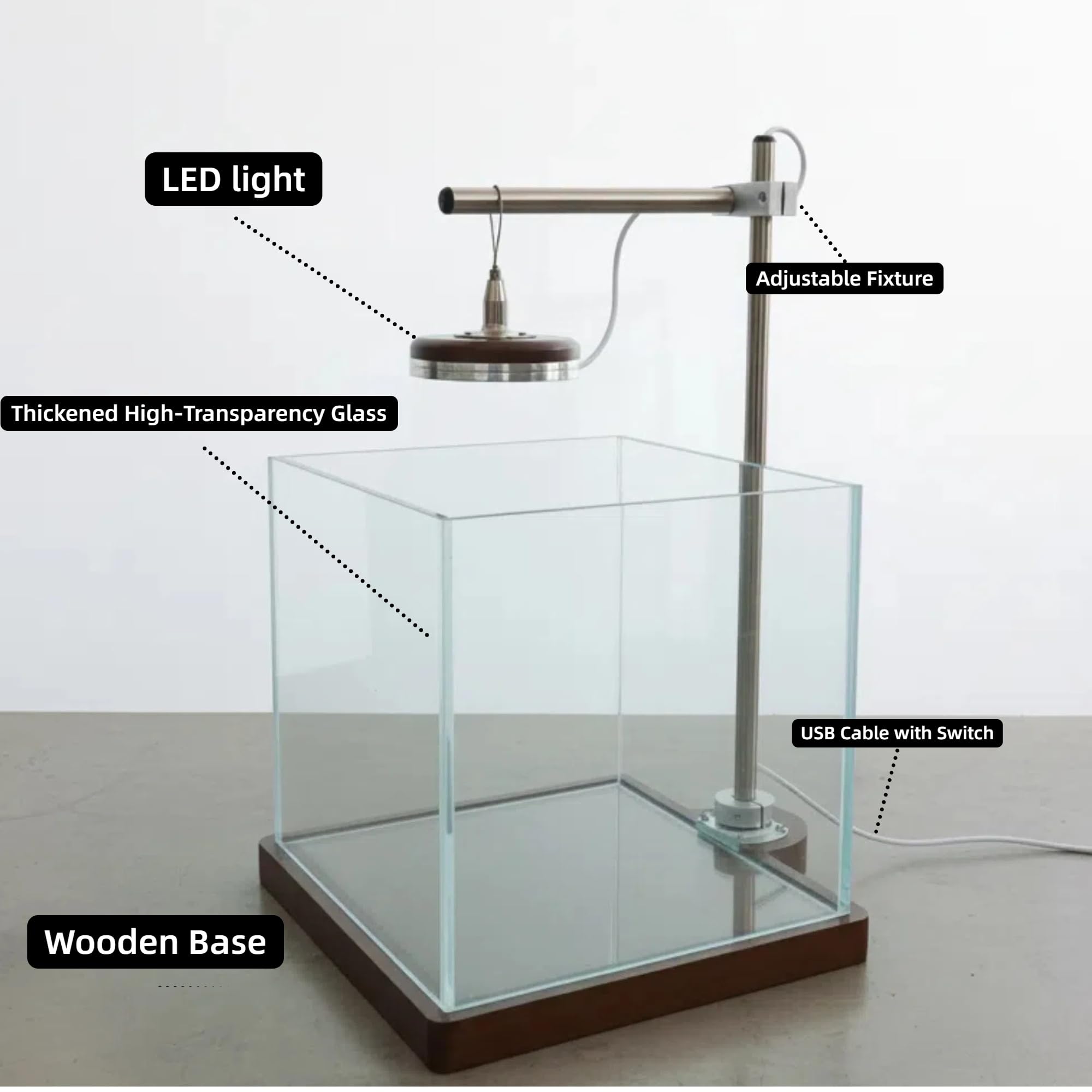Petit aquarium Betta avec lumière LED et support en bois – Kit de démarrage pour aquarium Betta de 20,3 cm – Comprend un outil de nettoyage, un chiffon et un tapis pour bureau, chambre à coucher