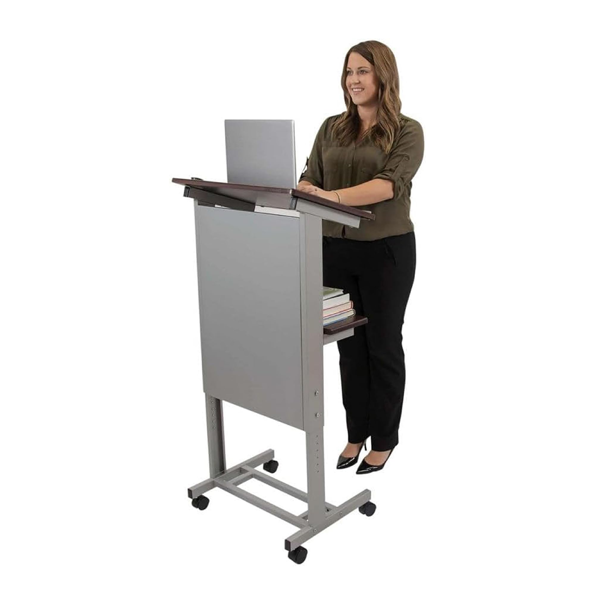 Stand Up Adjustable Height Lectern Podium | Rolling Desk with Storage Shelf | Ergonomic Standing Desk Frame for Office, Classroom, Laptop, Teaching,