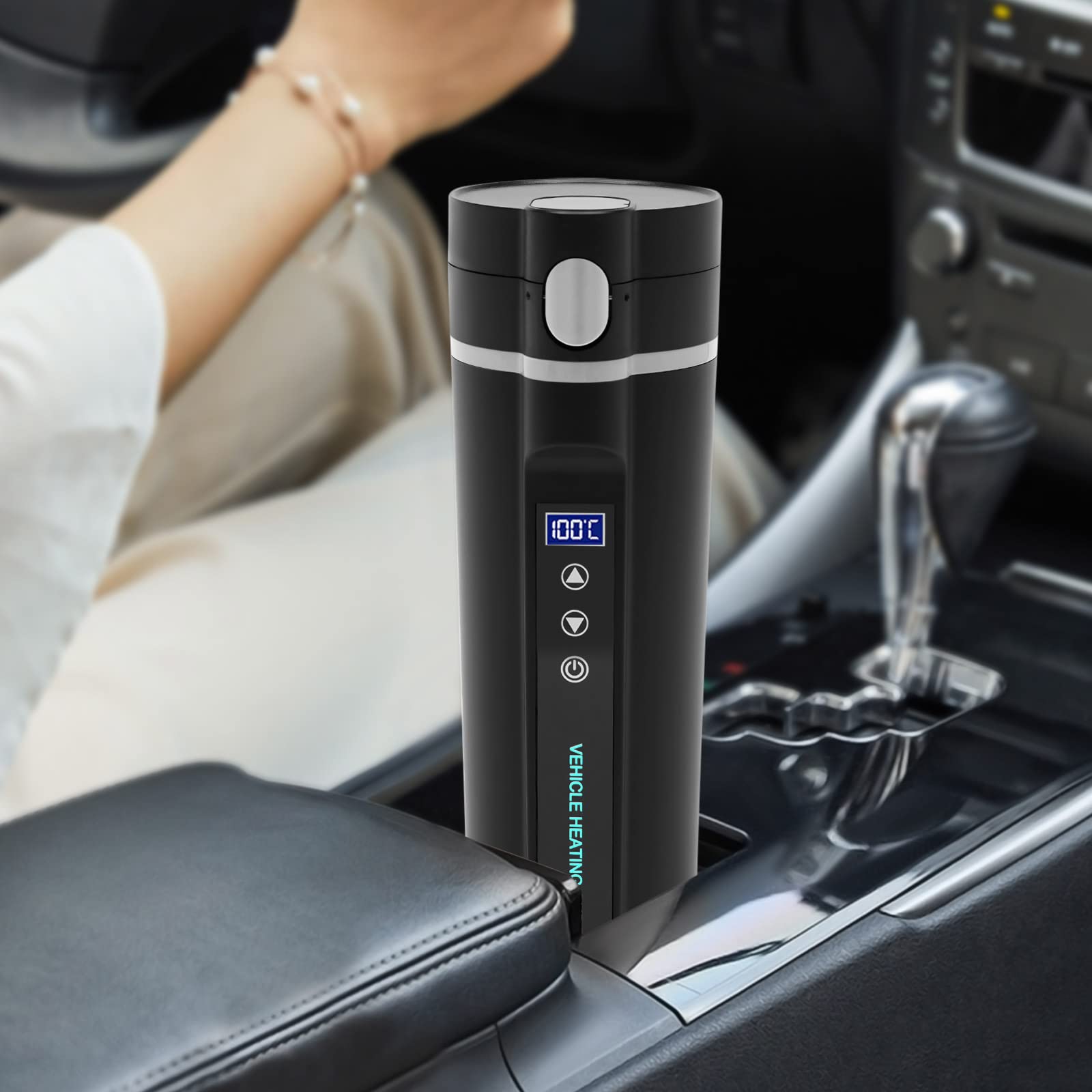 Taza de viaje eléctrica portátil, con pantalla LED, acero inoxidable 304, 450 ml, para coche de 12 V/24 V, longitud de cable de 31,49 pulgadas, para calentar y mantener caliente el agua potable, café