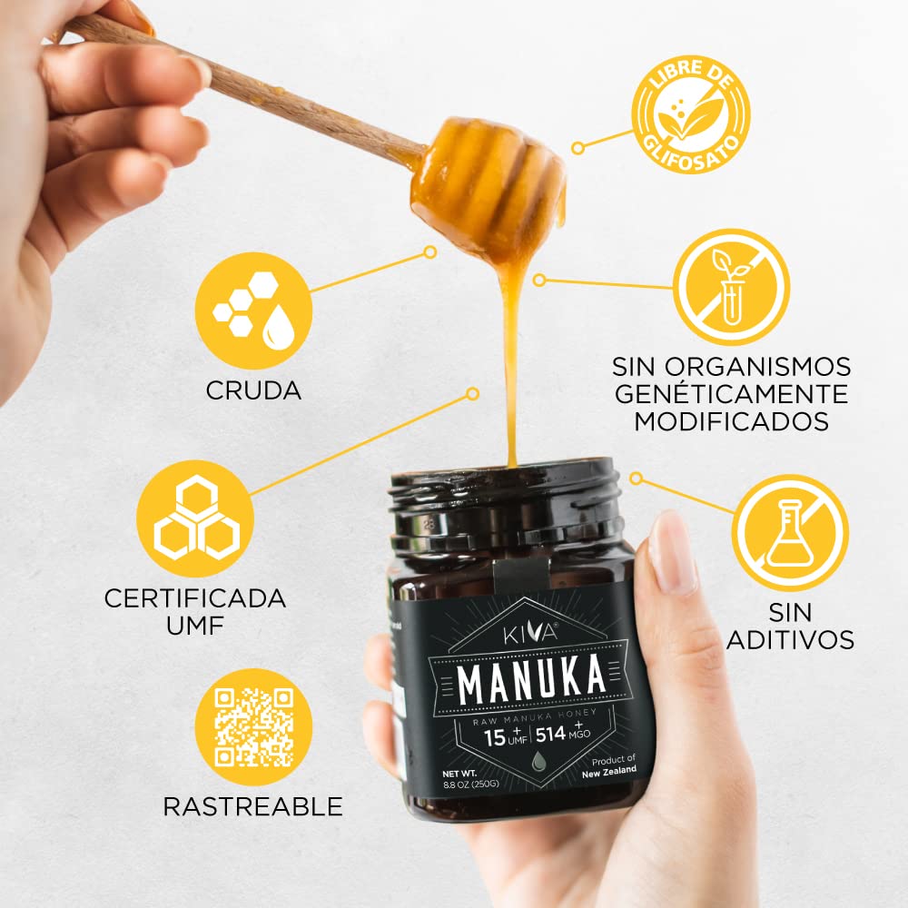Kiva Miel de Manuka pura (Nueva Zelanda) UMF 15+ certificado, 250 gramos.