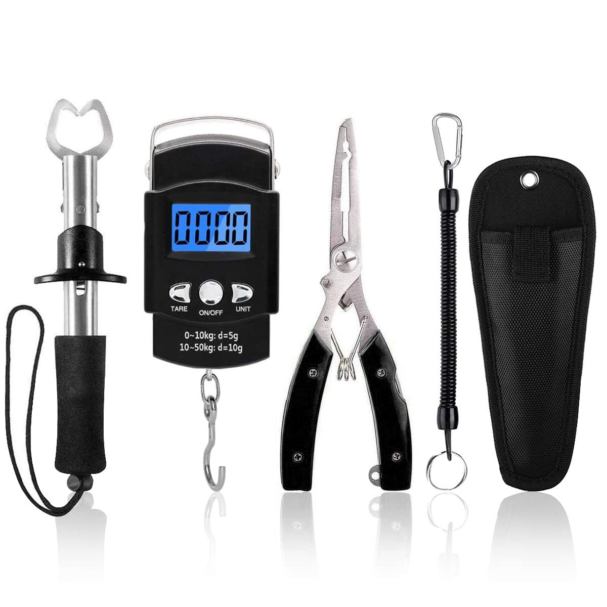 XBLACK Fishing Tool Kit, Fishing Pliers, Fish Lip Gripper, Fishing Scale, Fish Grip Tools Set with Sheath Lanyard, Saltwater Resistant Fishing Gear (Simple Set- D)