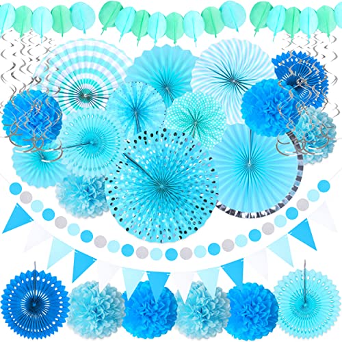 Image of Moon Boat 35PCS Party Decorations Paper Fan Hanging Set - Birthday,Baby Shower,Wedding Decor (Blue)