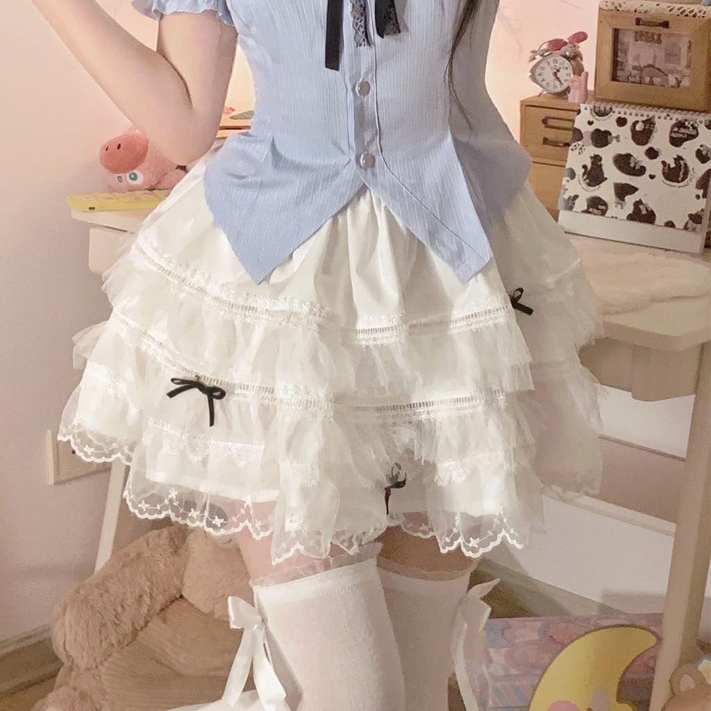 Harajuku Lolita Kawaii Casual Style Elastic Waist Cute Black Bows with Lace Hem Trim White Pleated Tiered Skirt size small