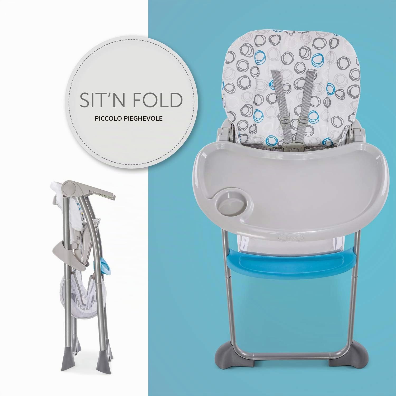 hauck Seggiolone Pappa Sit N Fold - Seggiolone Portatile da 6 Mesi fino a 15kg - Pieghevole, Compatto con Vassoio e Schienale Regolabile - Grande Cesto Portaoggetti - Blu/Grigio, Cerchi