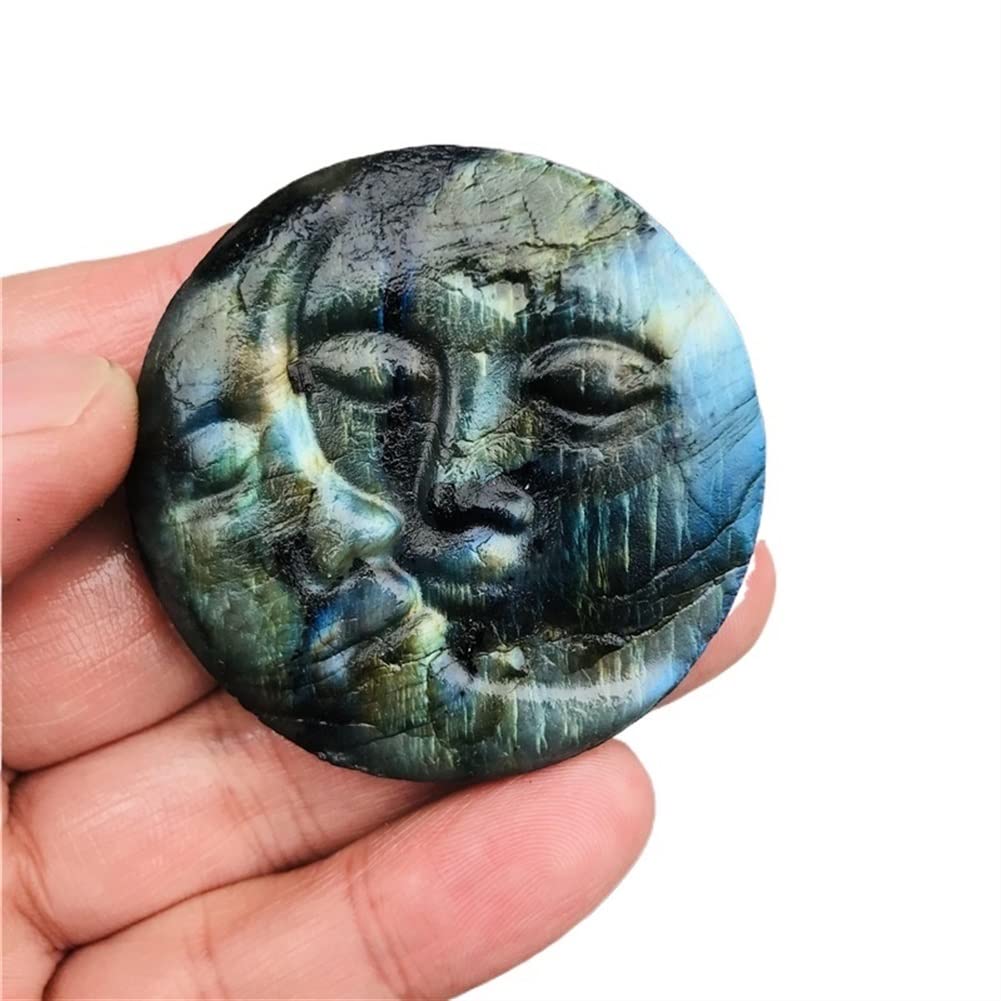 Rohkristall 5cm Natürliche Blaue Glitter Labradorite Heilung Kristall Edelstein Pendel Hand Geschnitzte Sonne und Mond Gesicht Handwerk