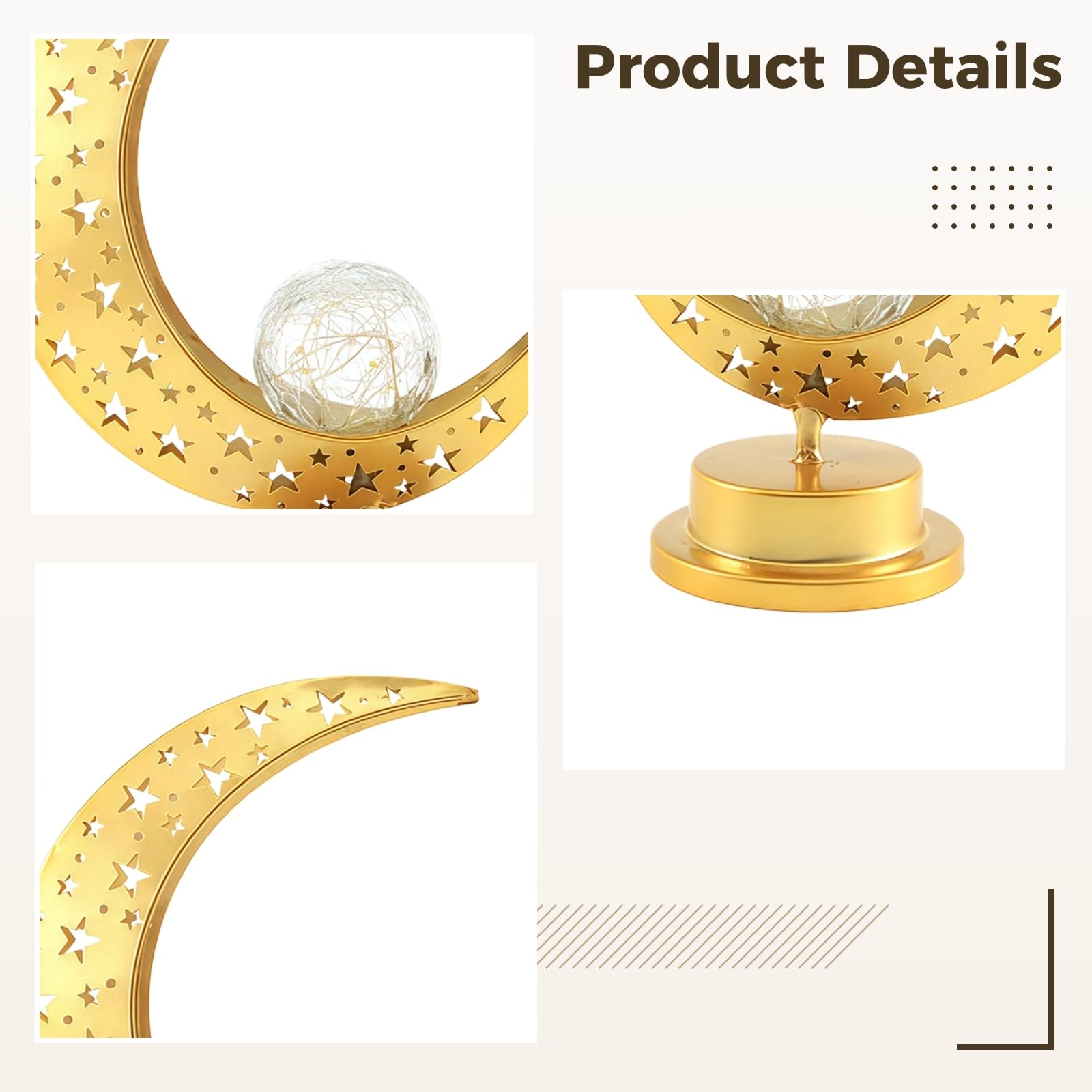 Ramadan LED Light Moon Castle Lantern, metalowa mini dekoracyjna z rzeźbami w kształcie księżyca, zasilanie bateryjne, dekoracyjne światła do wewnątrz i na zewnątrz, ekspozycja na blat, złote