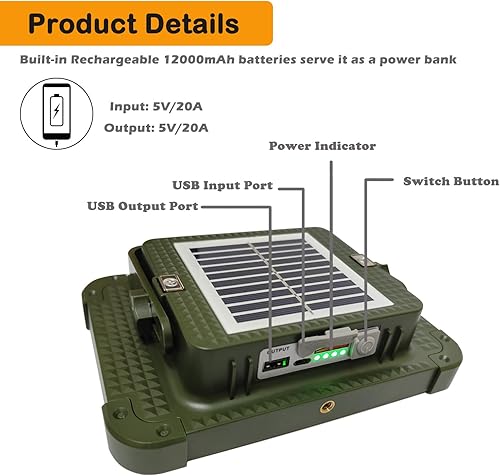 Miniatura 7 de Linterna solar para acampar de 200 W, luz recargable para exteriores, esenciales de viaje con 6000 mAh de emergencia, 5 modos, luz de trabajo LED