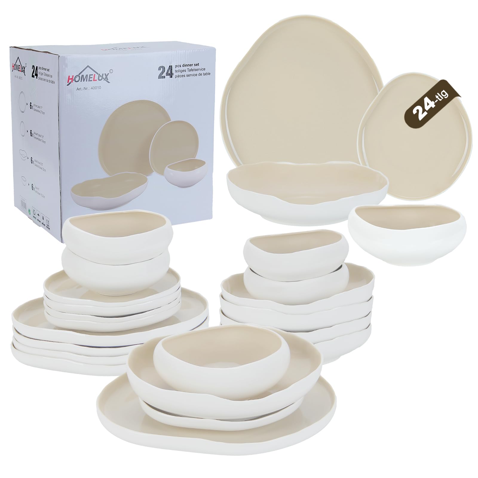 Geschirrset, Tellerset 6 Personen, 24-Teilig Tafelservice, Porzellan Geschirr Set Je Speiseteller, Dessertteller, Müslischalen, Salatschüssel, Geschirr Hellbeige | Dinner set, Tafelservice, Je 6 Speiseteller, Dessertteller, Müslischalen, Salatschüssel, Te