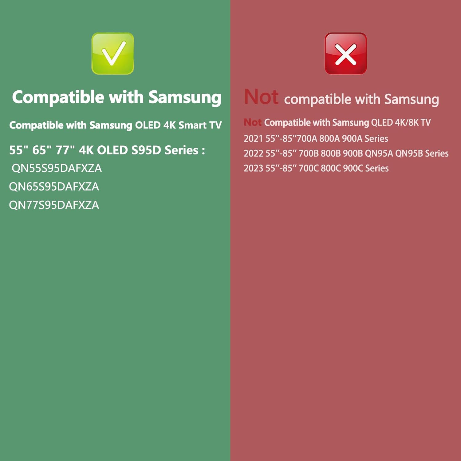 Compatibility chart showing compatible Samsung OLED 4K TV models and incompatible Samsung QLED TV models