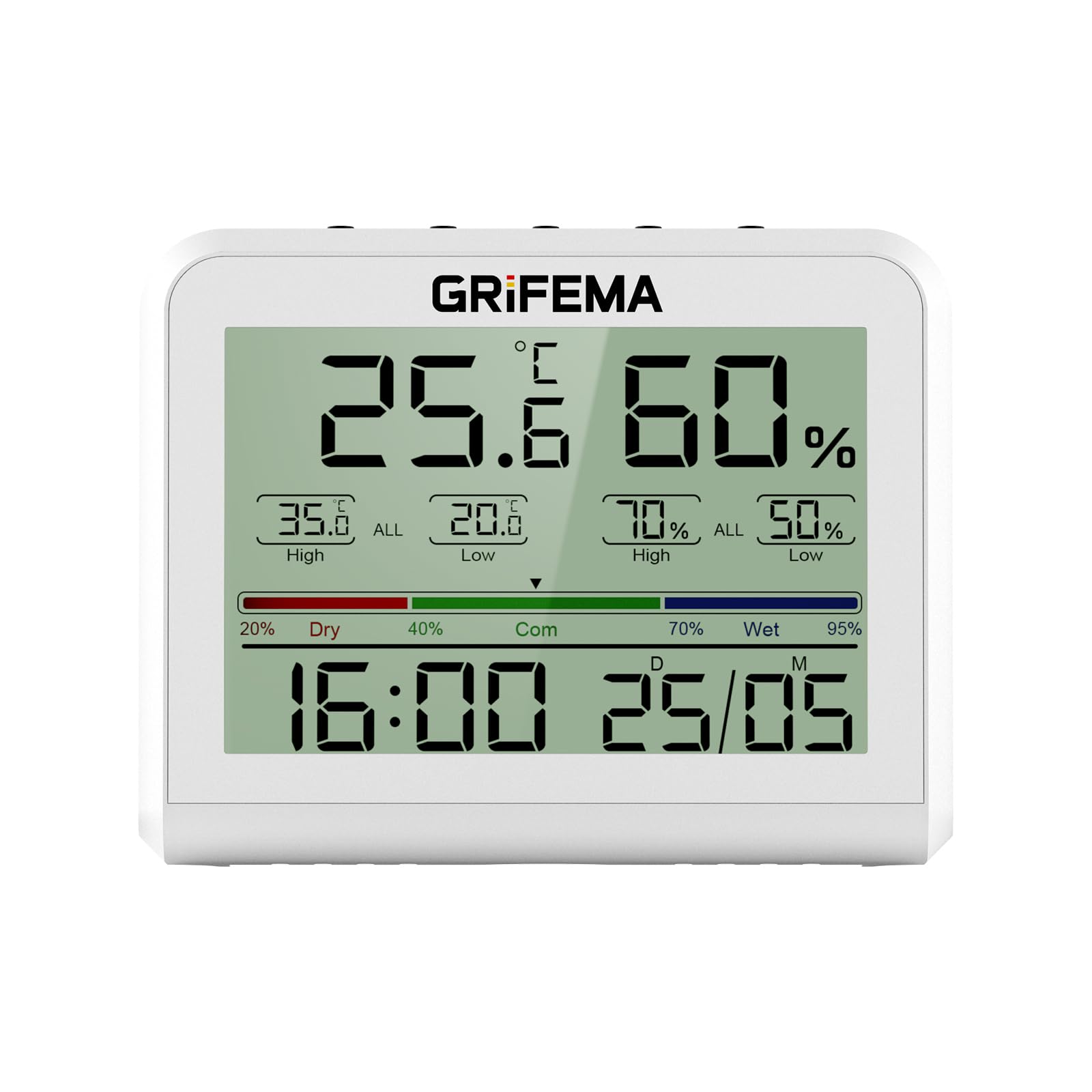 GRIFEMA GA2901 Termometro Igrometro Digitale con Retroilluminazione, Registrazione Max/Min, Bianco