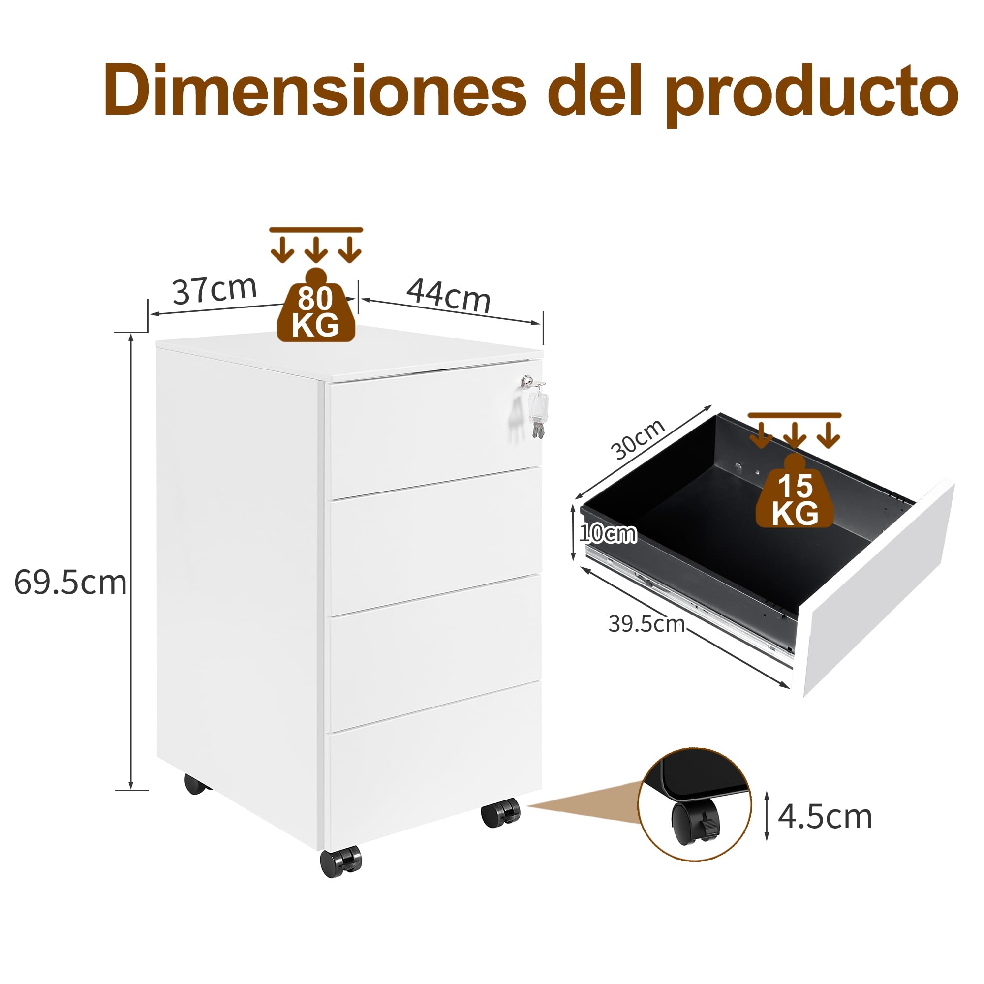 Cajonera móvil, Archivador Metálico con Cerradura, 4 Llaves, 4 Cajones, Premontado, para Oficina, Oficina en Casa, Blanco