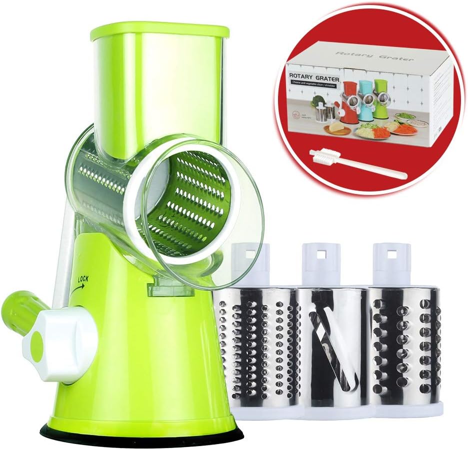 Cambom Rotary Cheese Grater Hand Crank Cheese Shredder for Fresh Cheese, Vegetable, Nuts,Non-slip Suction Base, Free Cleaning Brush Three Blades, Green