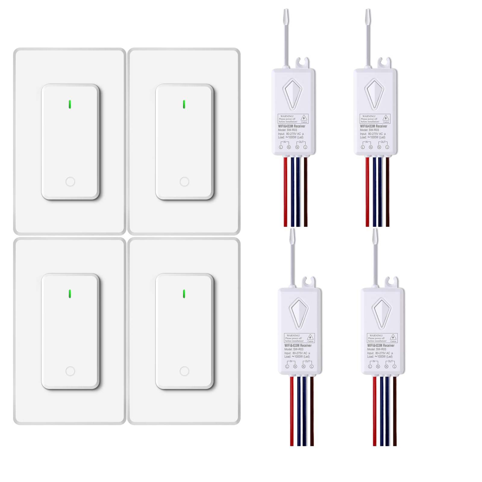 Smart Lichtschalter,NineLeaf 4PK Smart Funk Schalter und Empfänger,Fernbedienung für Lichtschalter,funktioniert mit Alexa und Google Assistant,IP66 wasserdicht, Sprachsteuerung