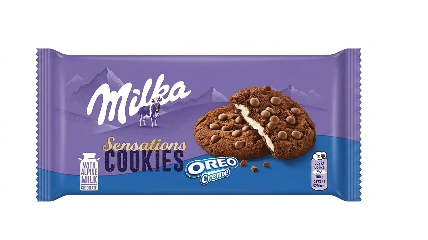 Milka Sensations Cookies with Oreo Creme Filling, Crunchy Cocoa Biscuits with Chocolate Chips, Delicious Alpine Milk Chocolate Treat, (Pack of 1), BY FEBORA FOODS, 156G-image-22