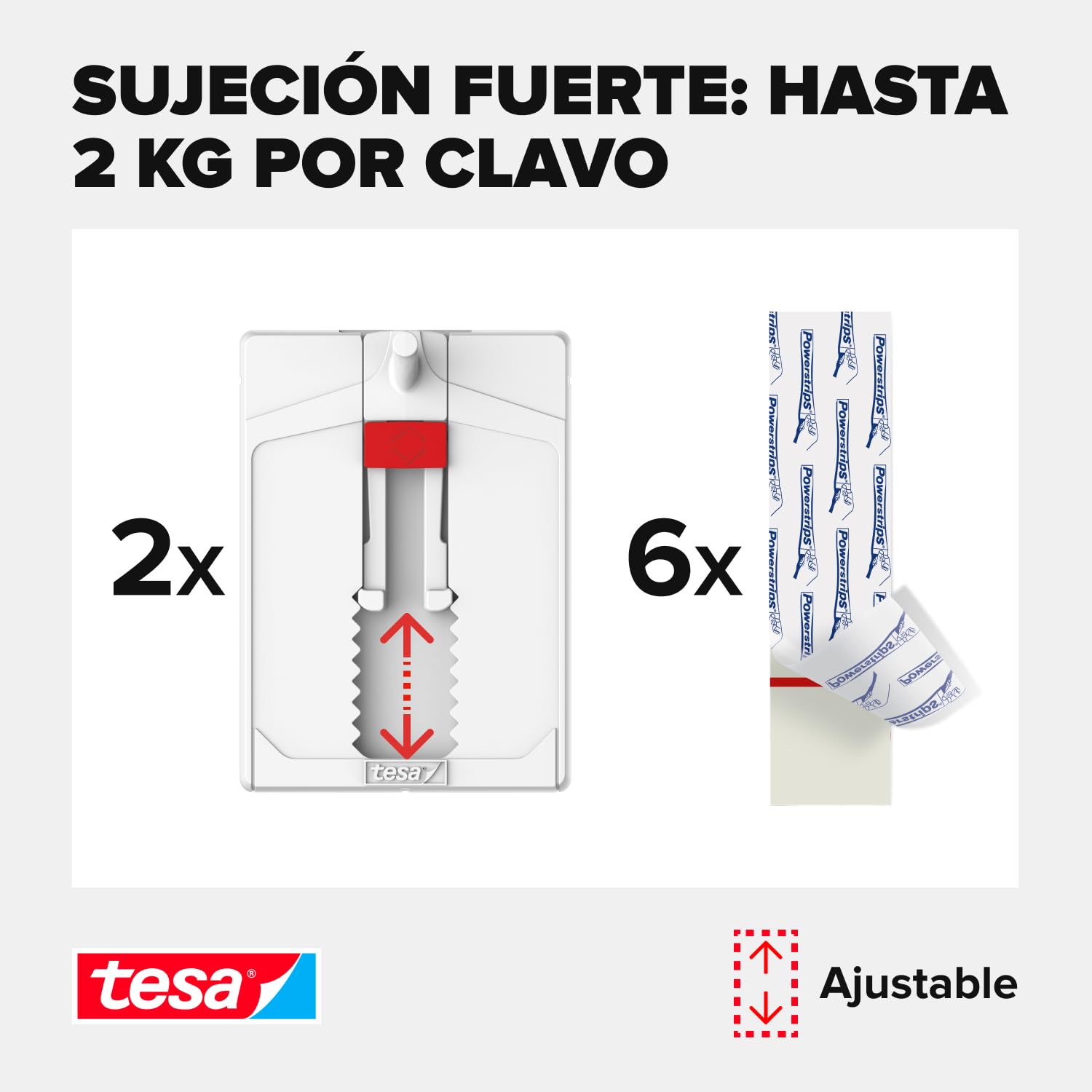tesa Clavo Adhesivo Ajustable para Paredes Pintadas y Yeso 2 kg, Colgador con Altura Ajustable Sin Perforaciones, Paquete con 2 Clavos Adhesivos y 6 Tiras
