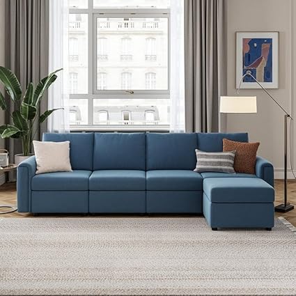 Cozyheaven Waldon 4 Seater Fabric L Shaped Sectional Sofa Set for Living Room (Blue)