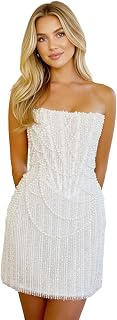 Lxhome Sparkly Sequin Mini Wedding Dress for Bride - Pearl Beaded Strapless Reception Prom Gown