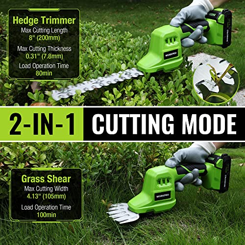 Workpro 20V Cordless Grass Shear & Shrubbery Trimmer-2 In 1 Handheld Hedge Trimmer, Electric Grass Trimmer Hedge Shear/Grass Cutter With 2.0Ah Rechargeable Lithium-Ion Battery And 1 Hour Fast Charger #TOP1