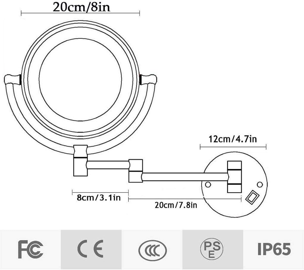 8 インチ LED メイクアップ ミラー ウォール マウント、両面スイベル バニティ ミラー、クローム、USB 充電式