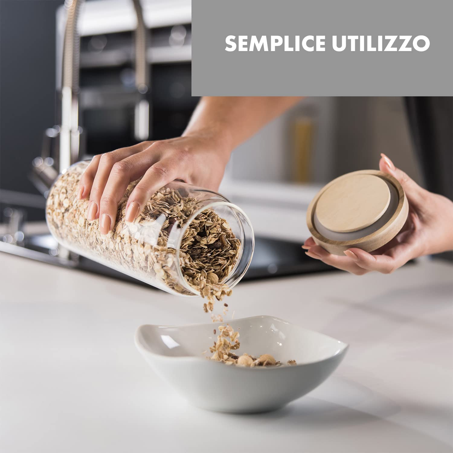 Set 3 Barattoli In Vetro Borosilicato Con Coperchio In Legno Acacia - 1.5L, 1.1L, 0.75L - Ermetici E Senza BPA