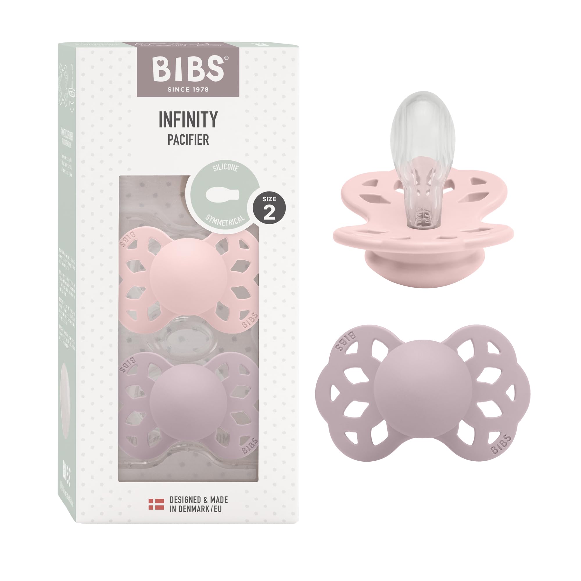 BIBS Infinity Symmetrical Soother 2-Pack, BPA Free, Symmetrical Nipple, Silicone, Symmetrical Nipple. Silicone, Made in Denmark, 6-18 Months (Pack of 2), Blossom/Dusky Lilac