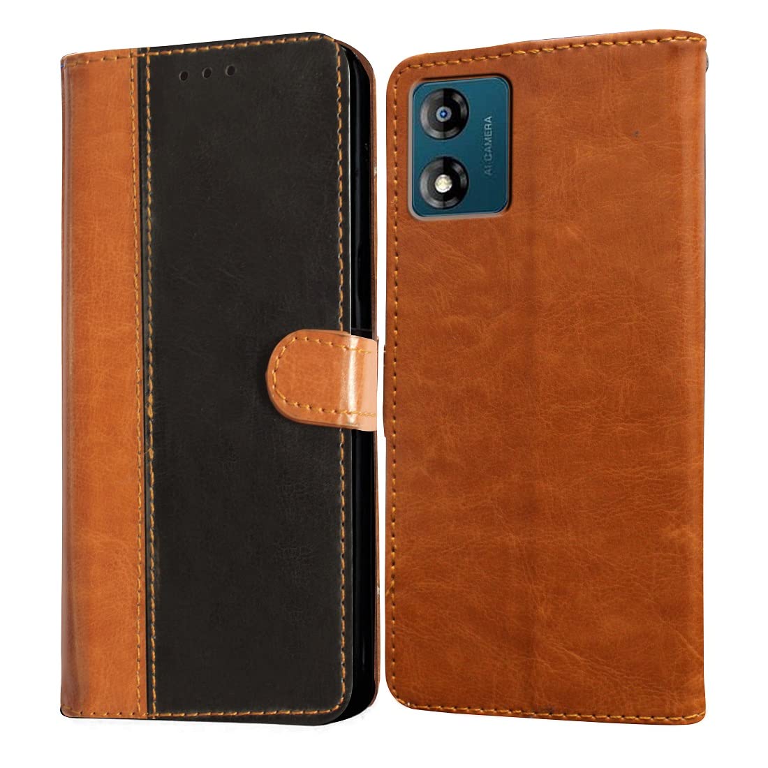 Casotec Flip Cover for Motorola Moto E13 4G | Premium Leather Finish | Inbuilt Pockets & Stand | Flip Case for Motorola Moto E13 4G (Camel and Black) (B0BXB2DNVH) Amazon Price History, Amazon Price Tracker