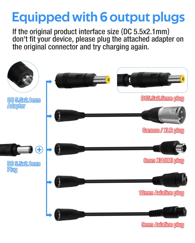 Chargeur 42 V 3 A/5 A avec 6 prises Convient pour toutes les batteries avec une tension complètement chargée de 42 V (tension nominale 36 V), y compris les batteries lithium pour tondeuse à
