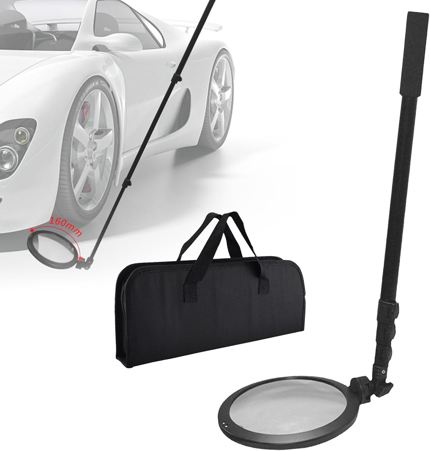 Portable Under Vehicle Inspection Mirror,with Led Light&160mm Acrylic Mirror&52-160cm Retractable Handle,Extendable Inspection Mirror,Handheld 360° Repair Tool for Repair Workshop