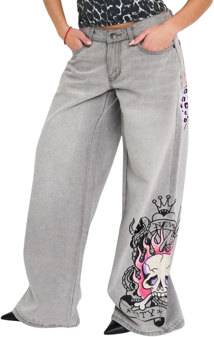 ED HARDY Women's Y2K Embroidered Baggy Wide Leg Jeans